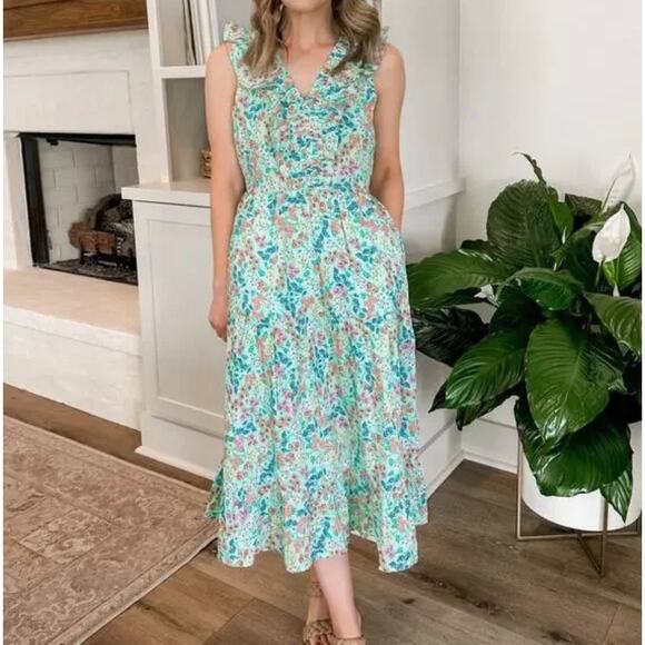 J. CREW Printed V-Neck Smocked Midi Dress Fresh Spring Green Floral Sz 8 {3N45} - Picture 3 of 7